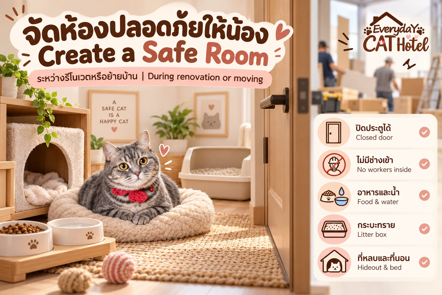 จัดห้องปลอดภัยให้น้องแมวระหว่างซ่อมบ้าน