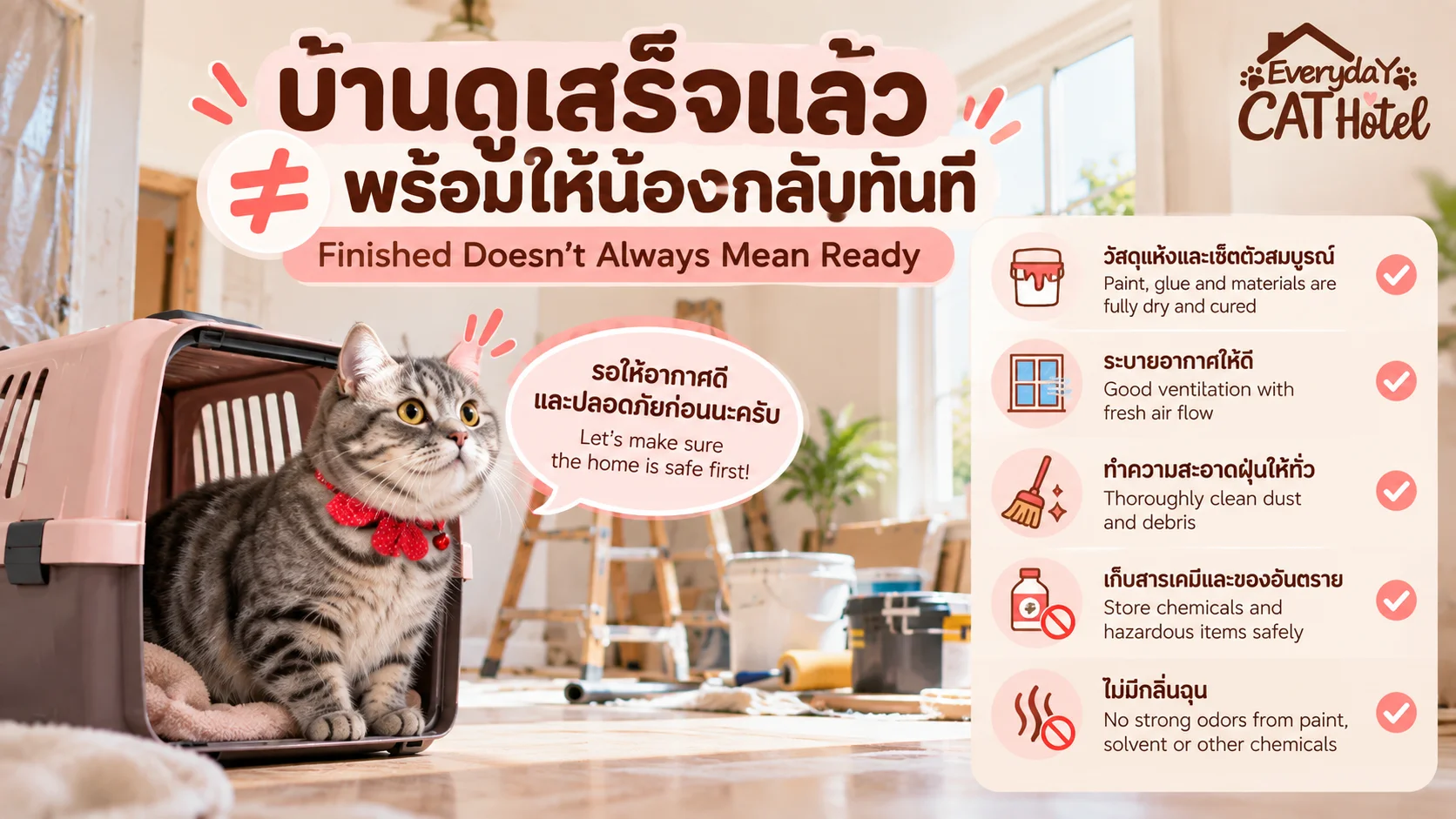 “ช่างทำงานเสร็จแล้ว” ไม่ได้หมายความว่า “บ้านพร้อมให้น้องแมวกลับมาอยู่แล้ว”